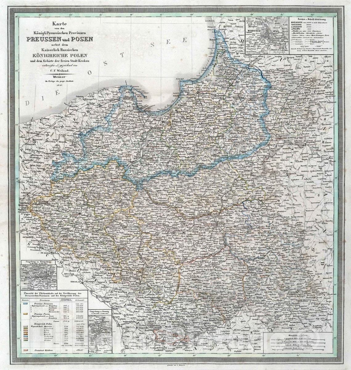 Historic Map : 1840 Prussian provinces of Prussia and Posen, with Russian kingdoms of Poland and free city of Krakow. - Vintage Wall Art