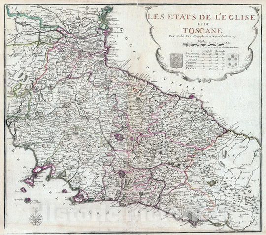 Historic Map : Italy, Tuscany (Italy) 1719 Les e?tats de l'e?glise et de Toscane , Vintage Wall Art