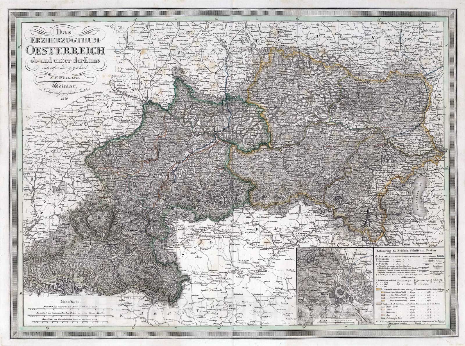 Historic Map : 1840 Das Erzherzogthum Oesterreich. Archduchy of Austrian above and below the Enns River. - Vintage Wall Art