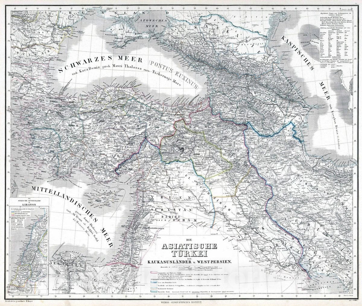 Historic Map : 1879 Turkey in Asia, Syria, Lebanon, Iraq, Iran, Azerbaijan, Armenia, Georgia. - Vintage Wall Art