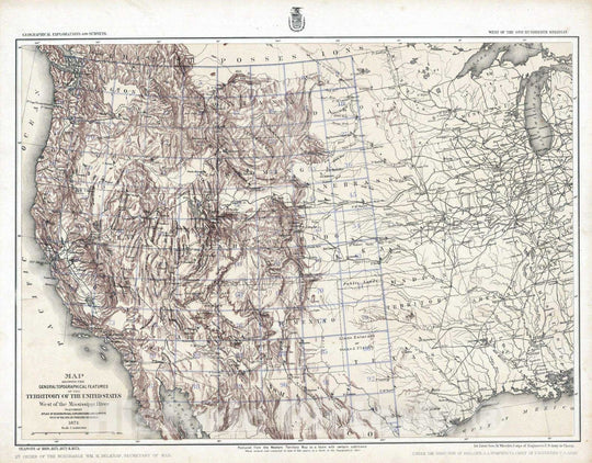 Historic Map : National Atlas - 1874 Map Showing The General Topographical Features, West of the Mississippi River. - Vintage Wall Art