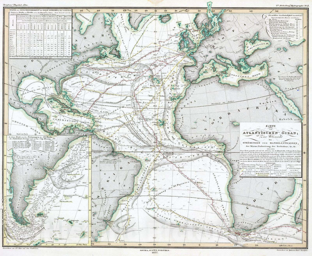 Historic Map : 1837 Karte vom Atlantischen Ocean. - Vintage Wall Art