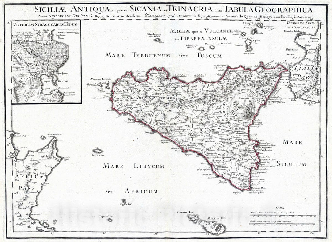 Historic Map : Italy; Malta , Syracuse (Italy), 1714 Siciliae Antiquae quae et Sicania et Trinacria dicta tabula geographica. , Vintage Wall Art