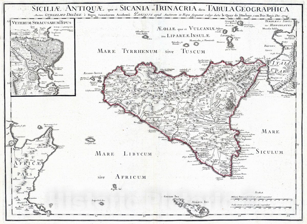 Historic Map : Italy; Malta , Syracuse (Italy), 1714 Siciliae Antiquae quae et Sicania et Trinacria dicta tabula geographica. , Vintage Wall Art