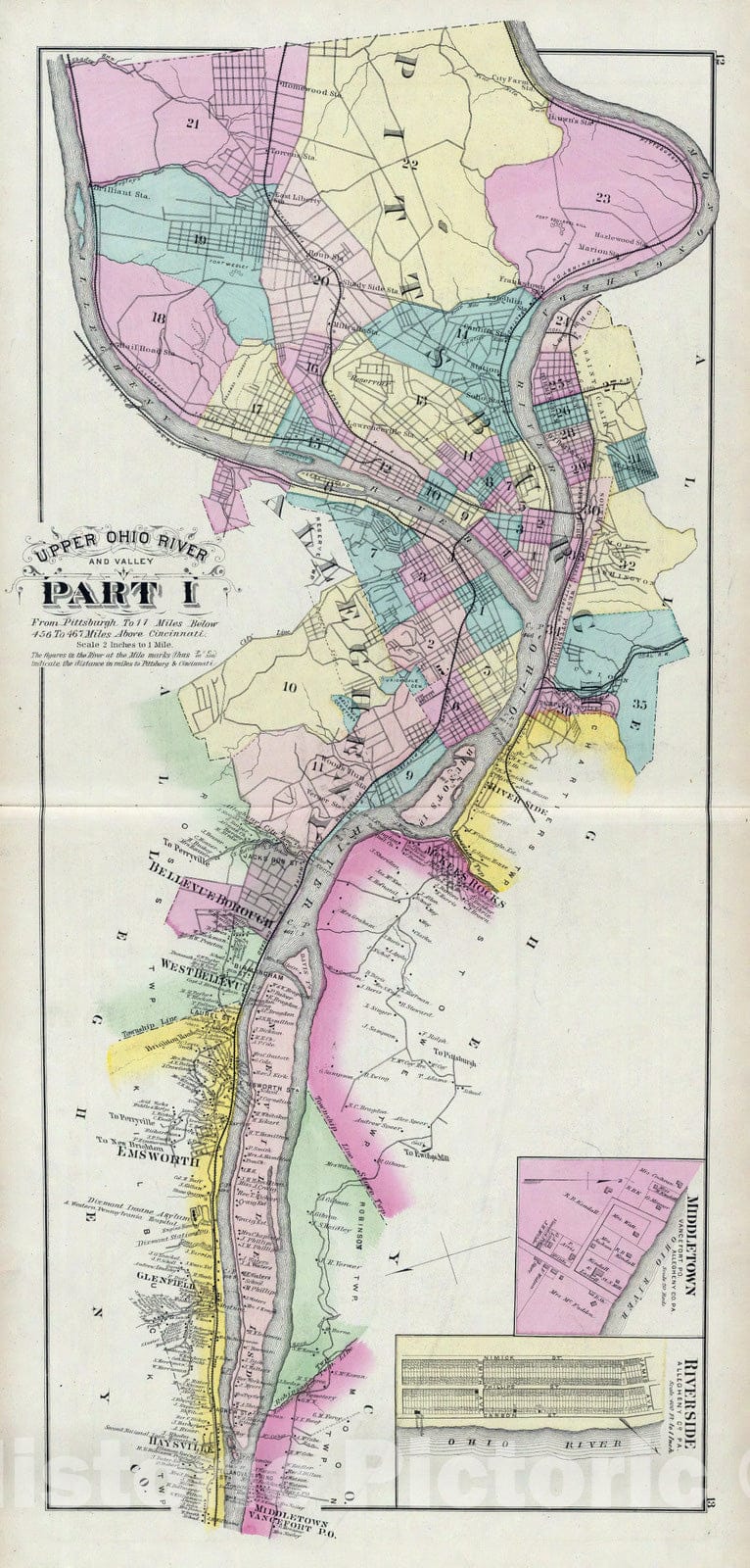 Historic Map : 1877 Upper Ohio River and Valley part I from Pittsburgh, (with) Middletown, Riverside, Allegheny Co, Pa. - Vintage Wall Art