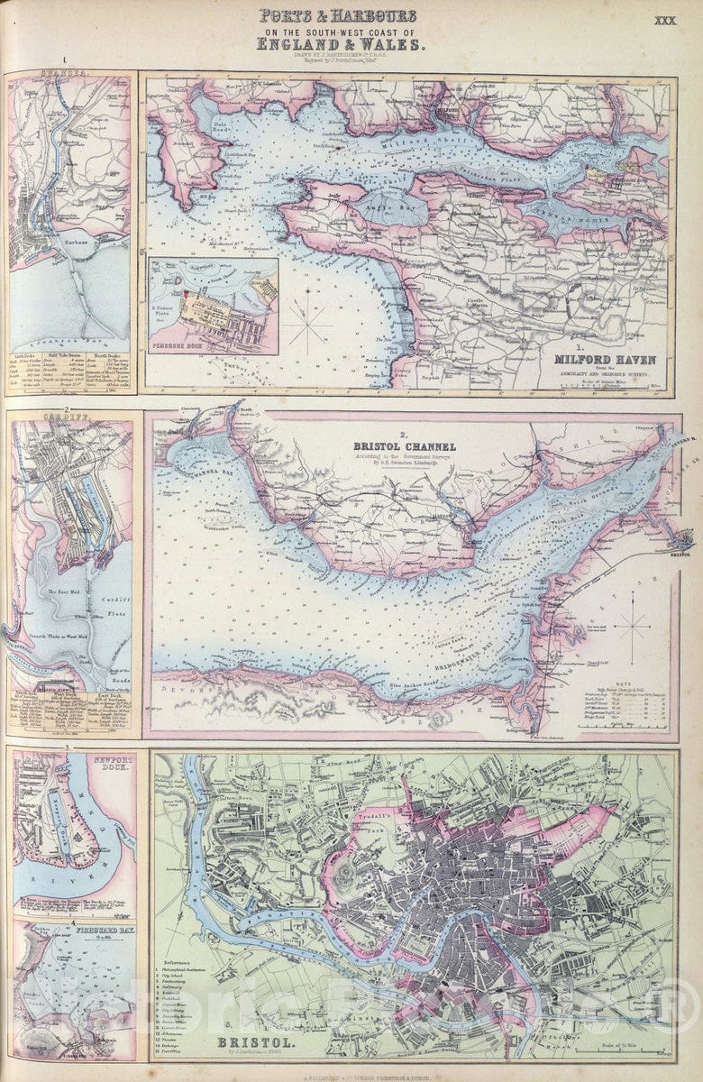 Historic Map : 1872 Ports & Harbours on the South-West Coast of England. - Vintage Wall Art