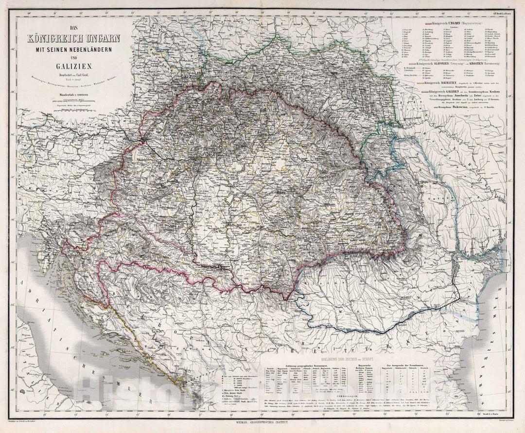 Historic Map : 1879 Kingdom of Hungary, adjacent Countries and Galicia. - Vintage Wall Art