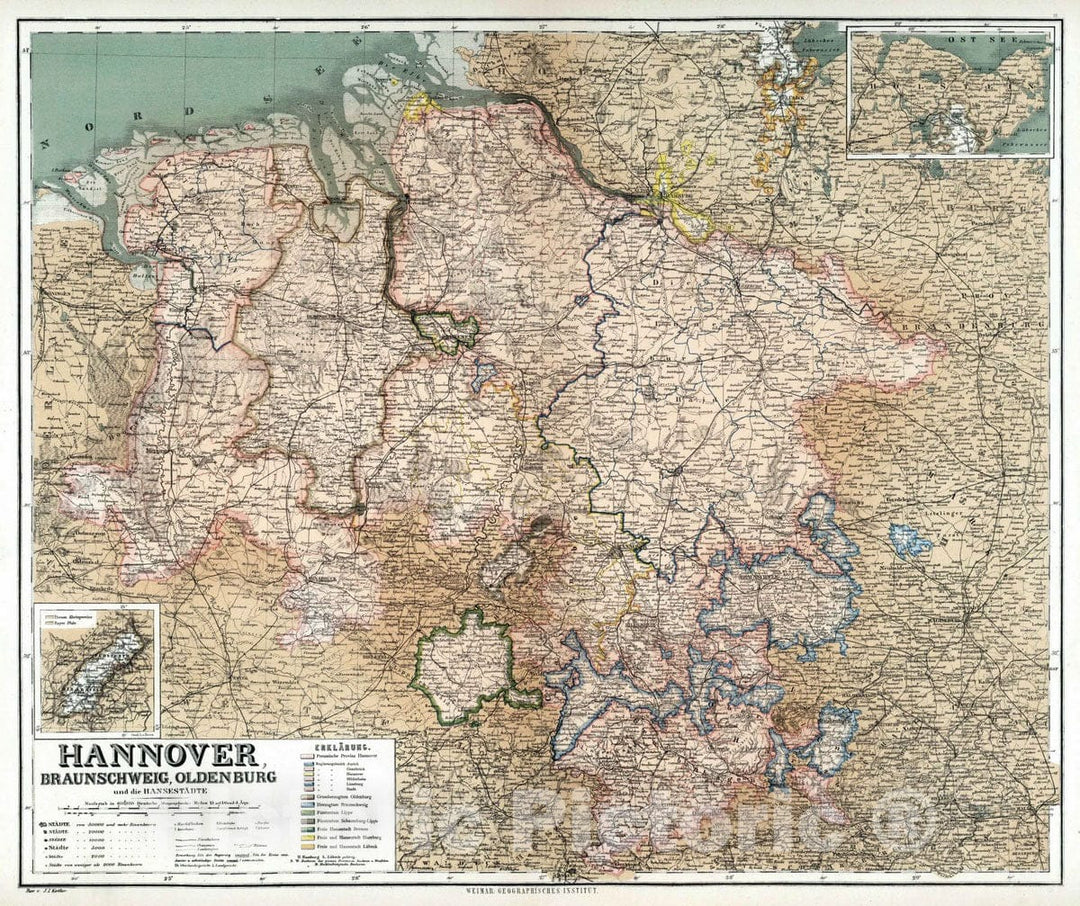 Historic Map : Germany, 1886 Hannover, Brunswick, Oldenburg and Hansestaedte, Germany. , Vintage Wall Art