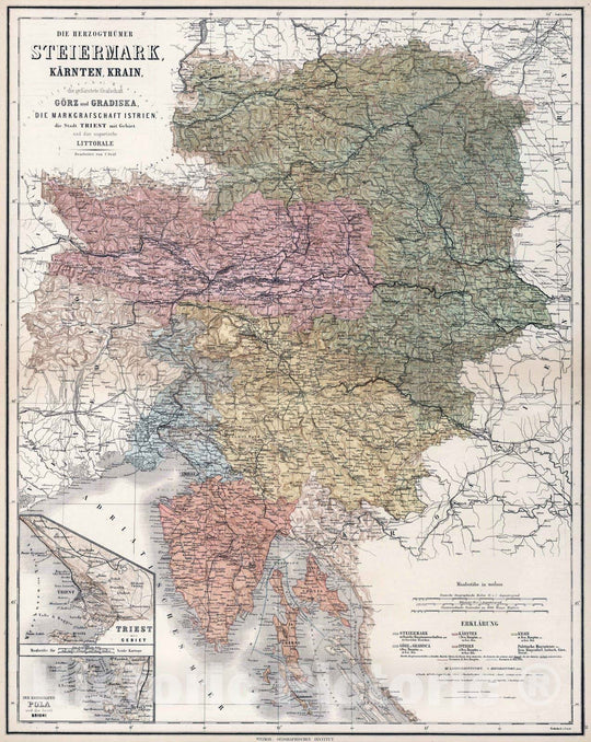 Historic Map : Slovenia, 1886 Duchies Steiermark, Kaerten, Krain, Goerz and Gradiska , Vintage Wall Art