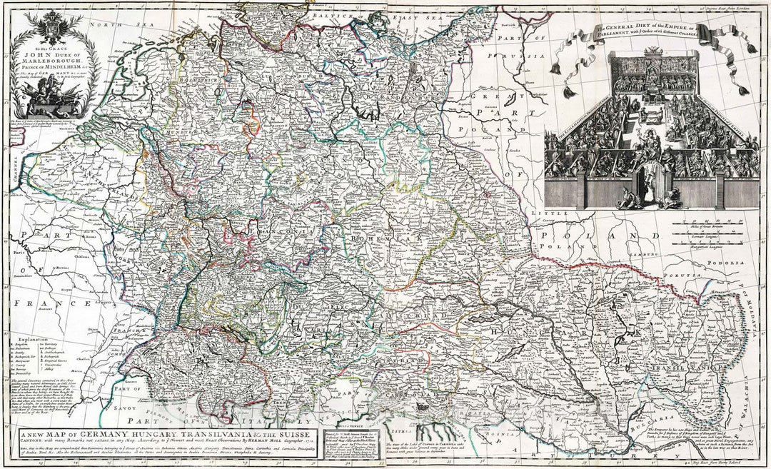 Historic Map : 1712 Germany, Hungary, Transilvania and the Suisse. - Vintage Wall Art