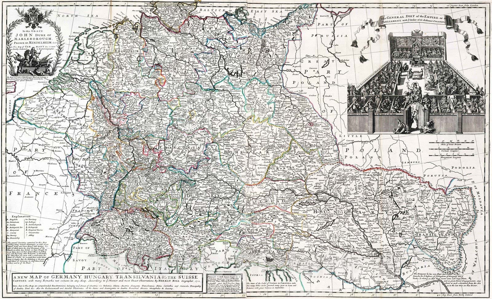 Historic Map : 1712 Germany, Hungary, Transilvania and the Suisse. - Vintage Wall Art