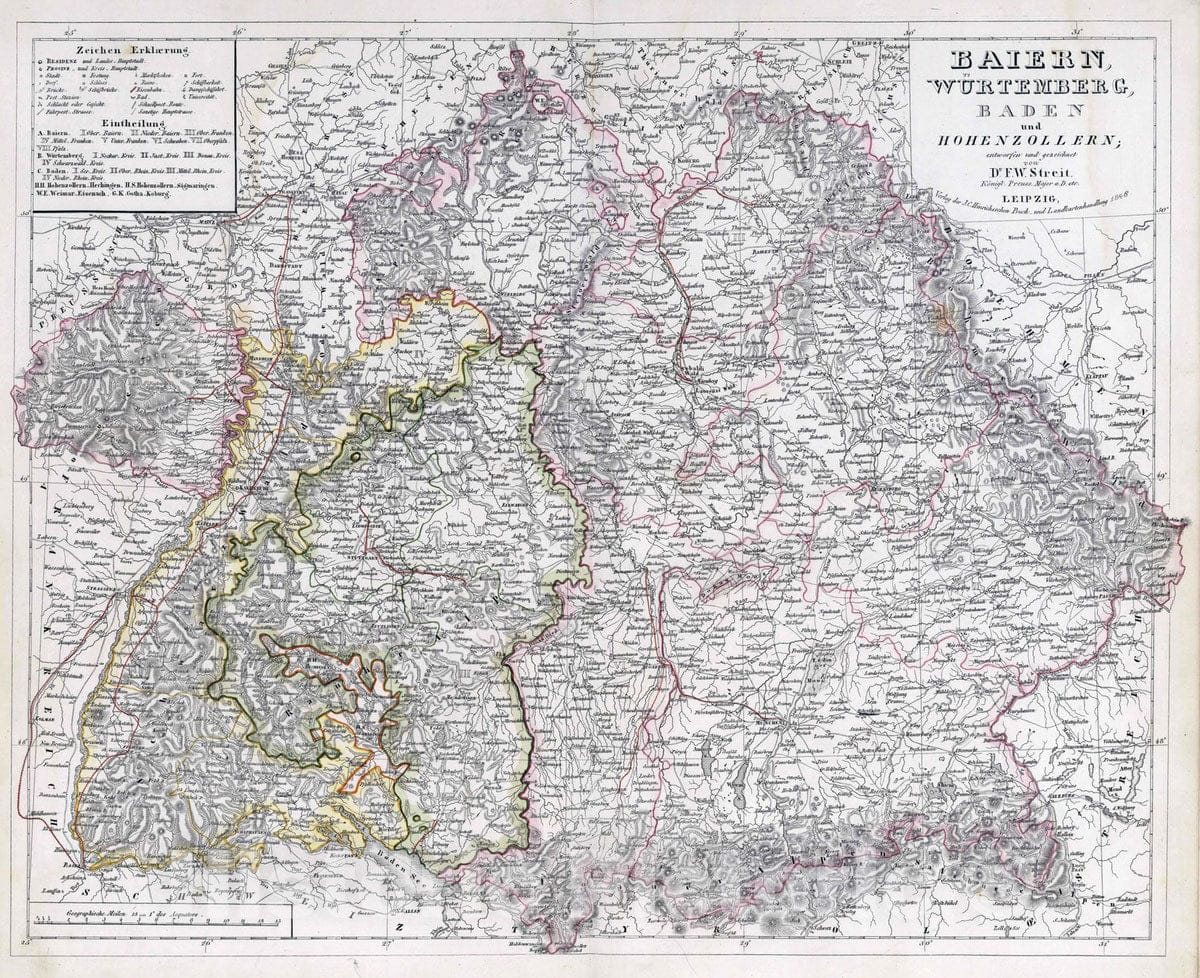 Historic Map : Germany, 1846 Baiern, Wurtemberg, Baden u. Hohenzollern , Vintage Wall Art