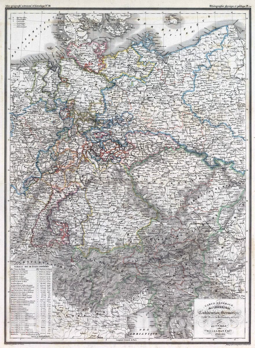 Historic Map : Germany, 1833 38. Carte Generale des Etats de la Confederation Germanique. , Vintage Wall Art