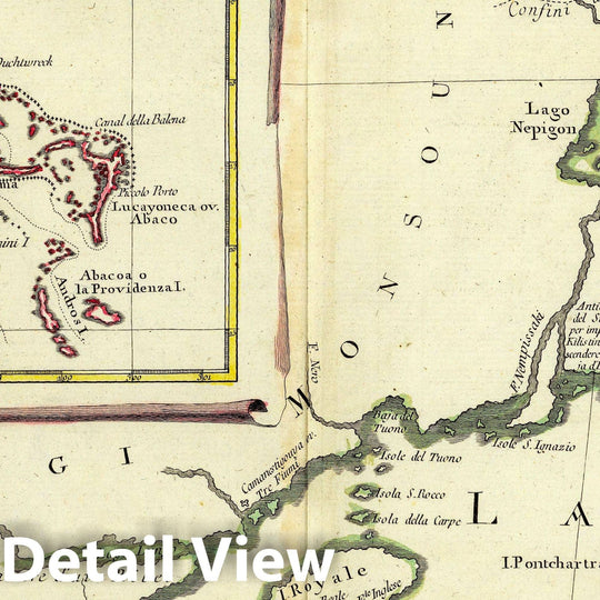 Historic Map : Bahamas, Florida, Superior, Lake 1778 Il Paese de' Selvaggi Outauacesi, e Kilistinesi Intorno al Lago Superiore. , Vintage Wall Art