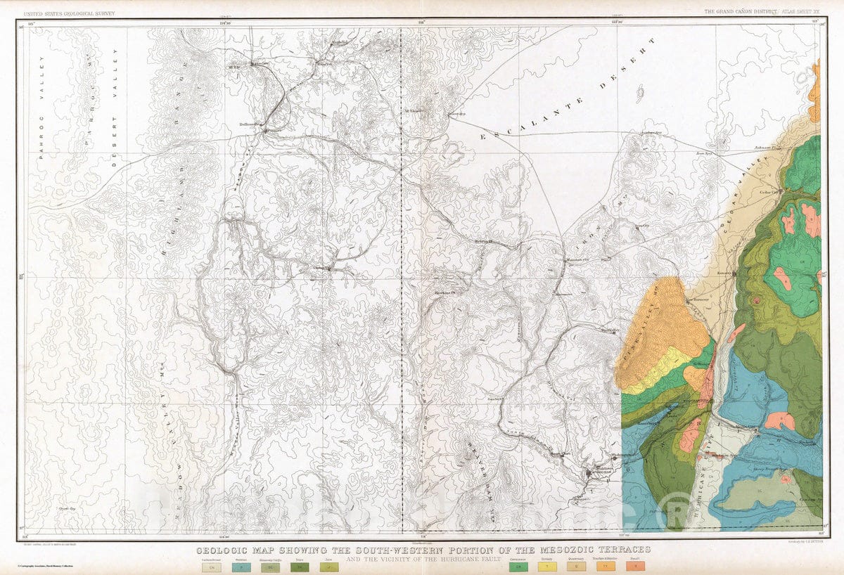 Historic Map : Geologic Atlas - 1882 Geologic Map Showing The South-Western Portion Of The Mesozoic Terraces. - Vintage Wall Art