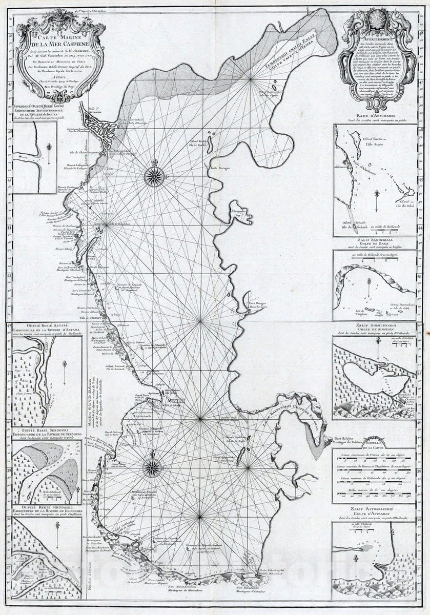 Historic Map : Caspian Sea, Asia 1721 Composite: Mer Caspiene carte marine. , Vintage Wall Art