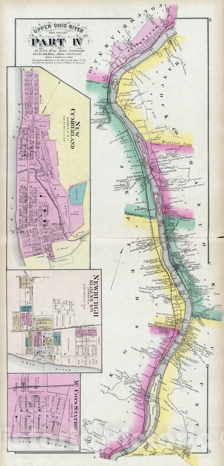 Historic Map : 1877 Upper Ohio River and Valley part IV, 47 to 64 miles below Pittsburgh, New Cumberland, W.V, - Vintage Wall Art