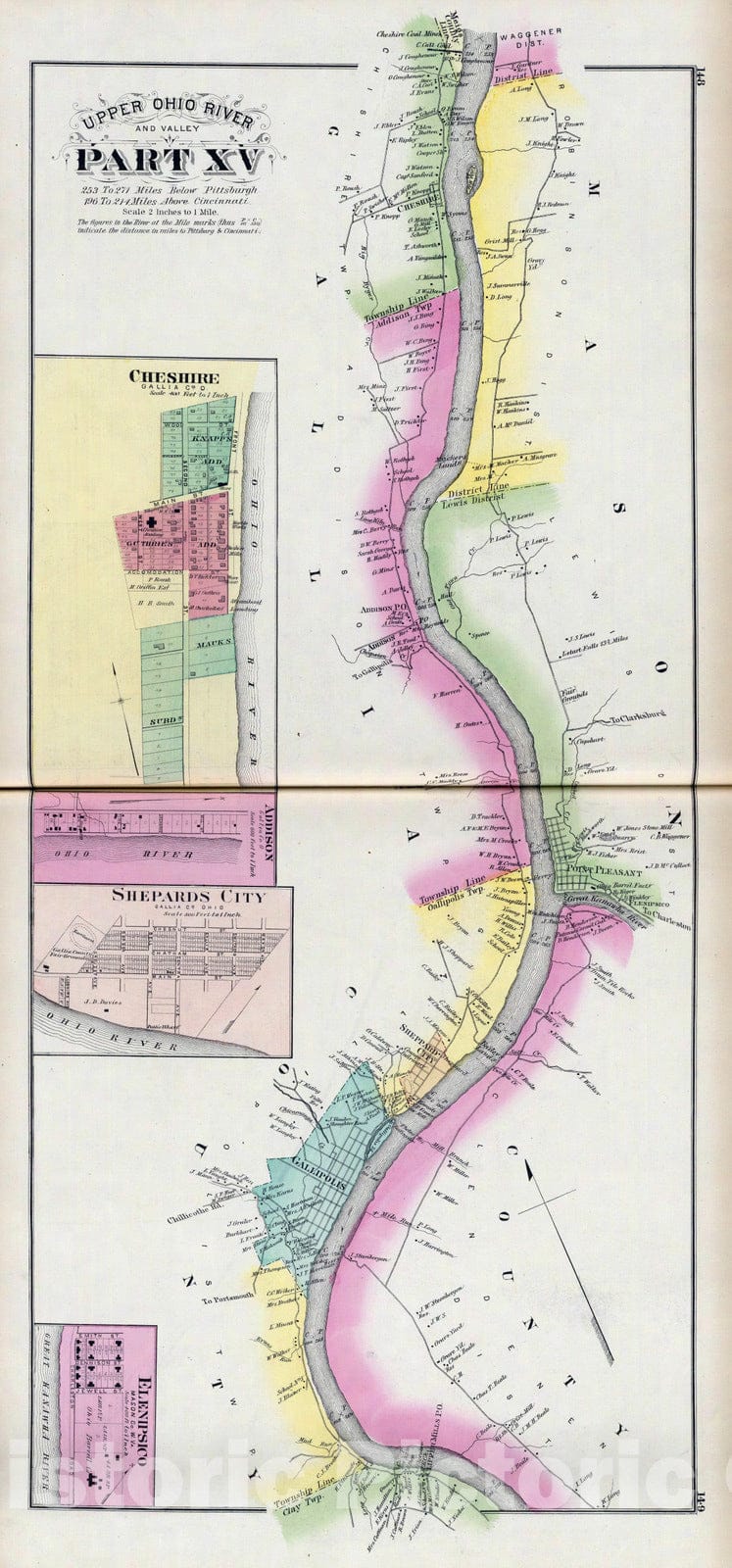 Historic Map : 1877 Upper Ohio River and Valley part XV, 253 to 271 miles below Pittsburgh, (with) Cheshire, Addison, Shepards City, O, Elenipsico, W. Va