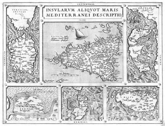 Historic Map : Italy, Sardinia (Italy) 1570 (38) Insularum. Sardinia. Sicilia. Corfu. Zerbi. Elba. Malta. , Vintage Wall Art