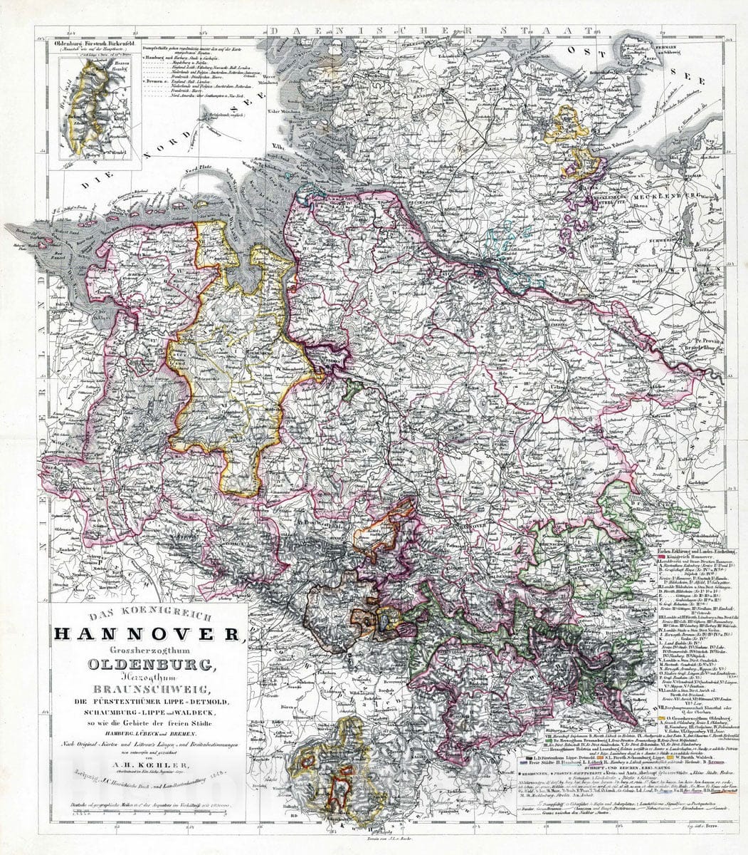 Historic Map : Germany, 1848 Das Koenigreich Hanover , Vintage Wall Art