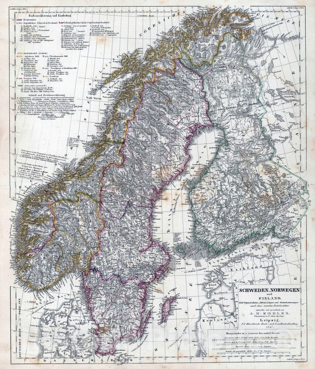 Historic Map : Sweden, 1847 Schweden, Norwegen und Finland , Vintage Wall Art