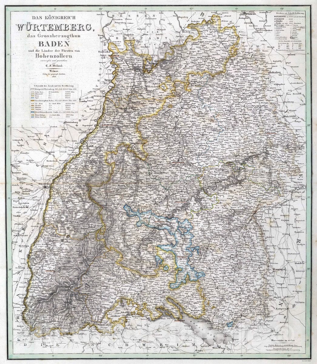 Historic Map : 1841 Kingdom Wuerttemberg; Grand Duchy of Baden, Germany. - Vintage Wall Art