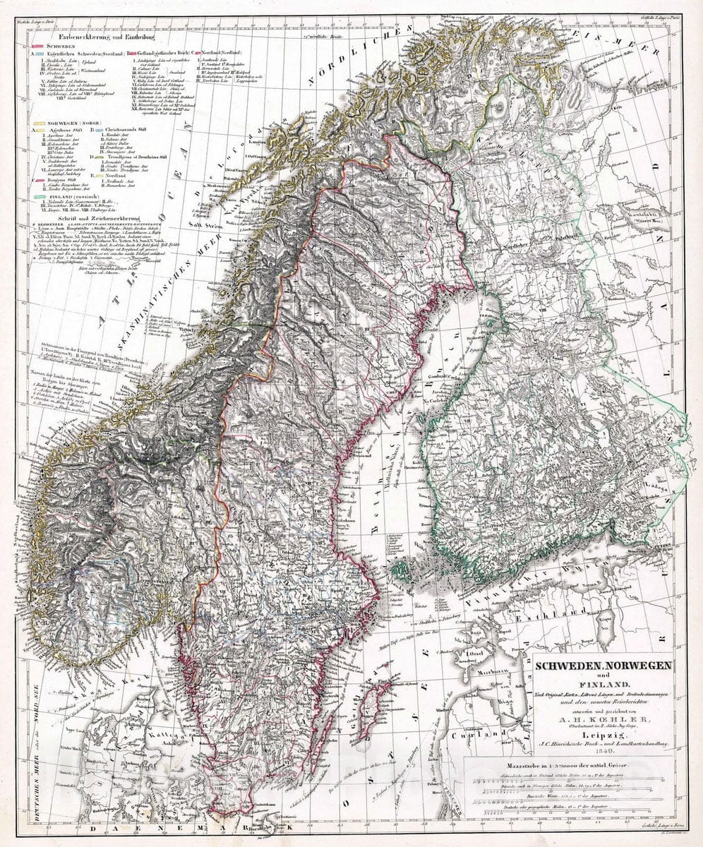 Historic Map : Sweden, Scandinavia 1849 Schweden und Norwegen , Vintage Wall Art