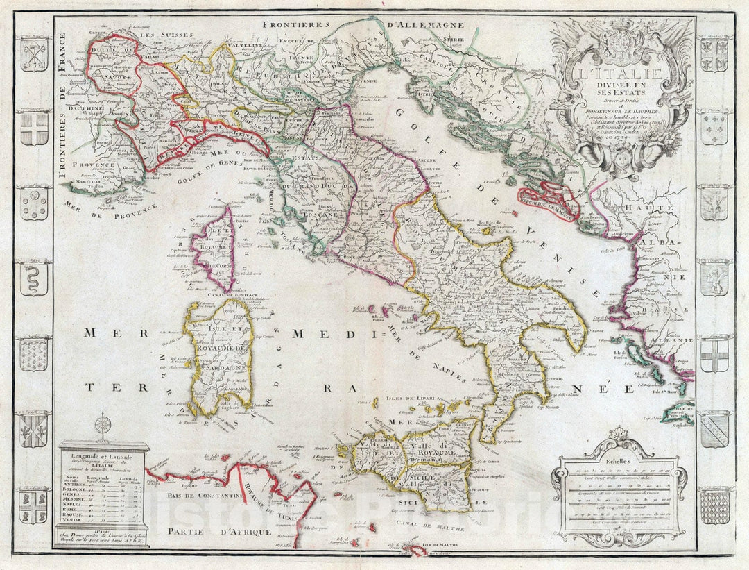 Historic Map : Italy, 1729 L'Italie Divisee en ses Estats. , Vintage Wall Art