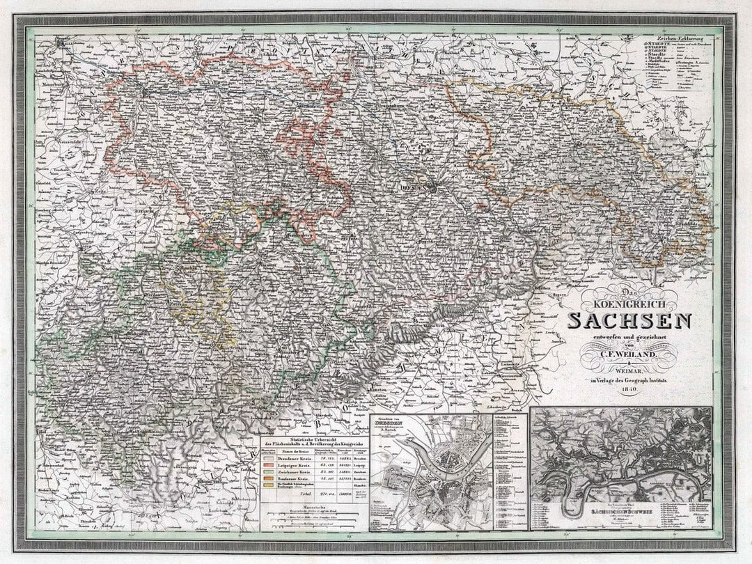 Historic Map : 1840 Koenigreich Sachsen. Kingdom of Saxony, Germany. - Vintage Wall Art