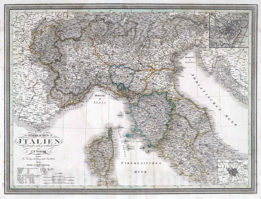 Historic Map : Italy, Corsica , France 1841 Nordliches Italien. Northern Italy. , Vintage Wall Art