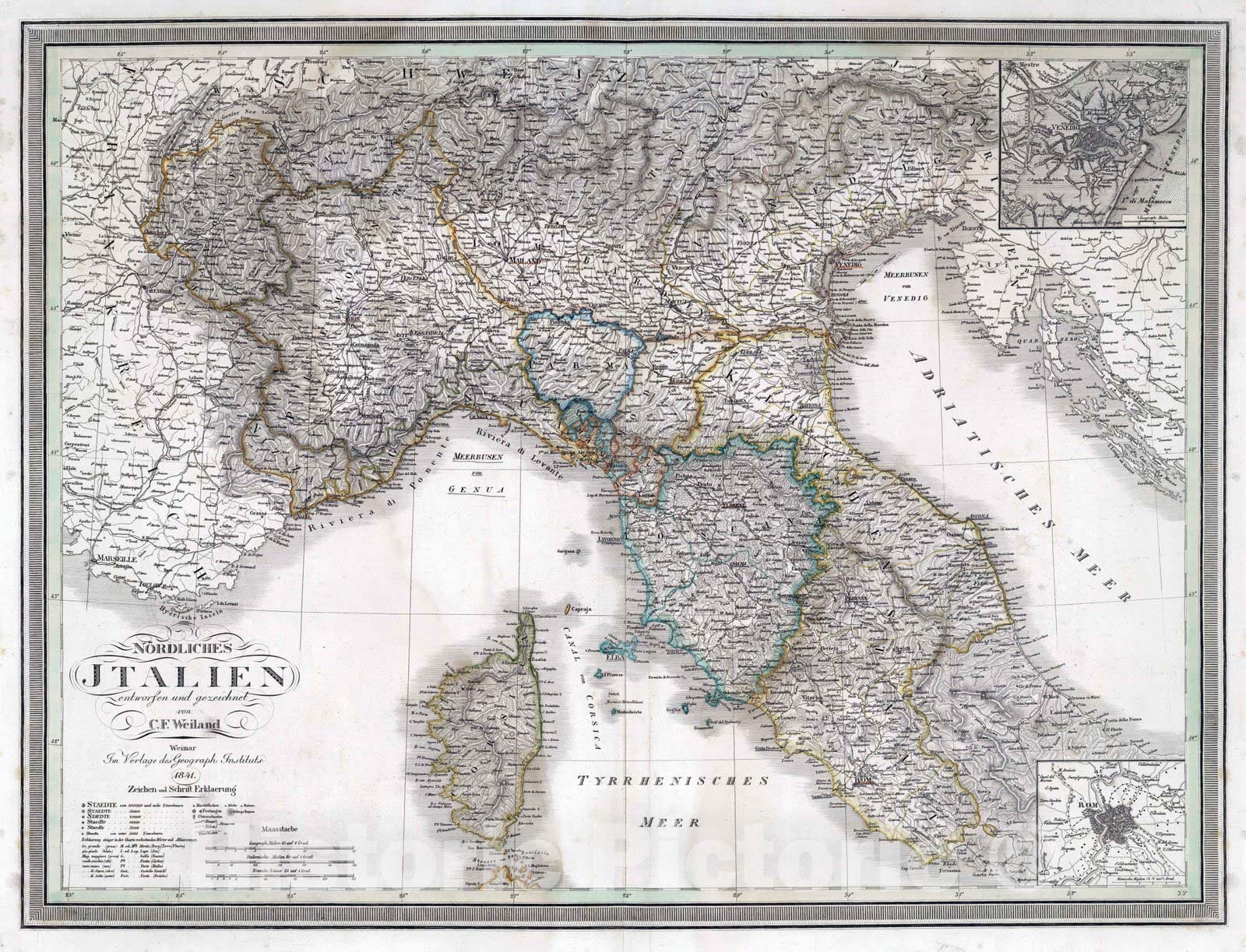 Historic Map : Italy, Corsica , France 1841 Nordliches Italien. Northern Italy. , Vintage Wall Art