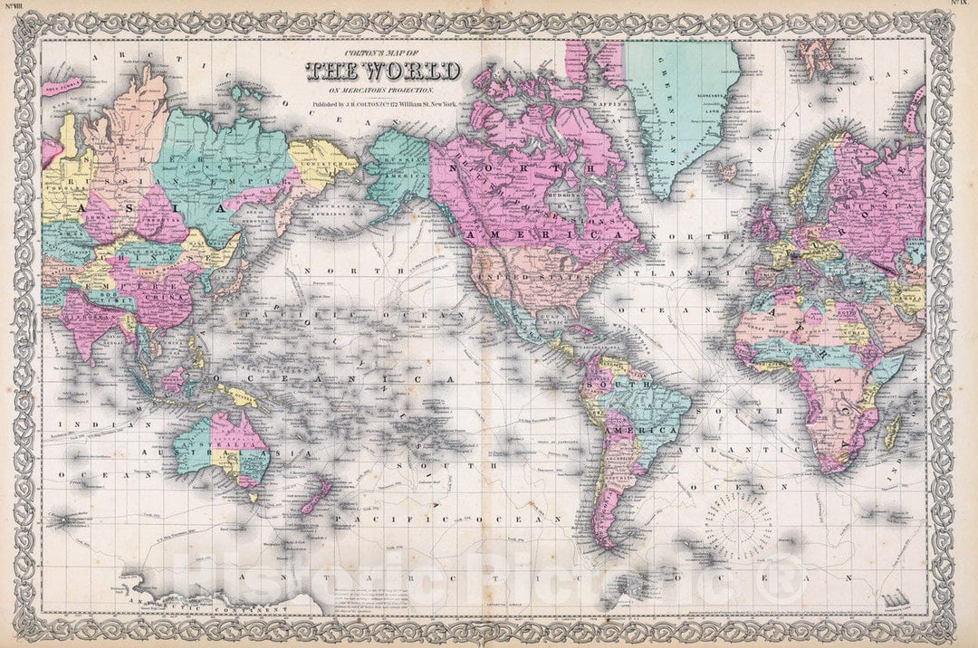 Historic Map : 1856 Colton's Map Of The World On Mercator's Projection. - Vintage Wall Art