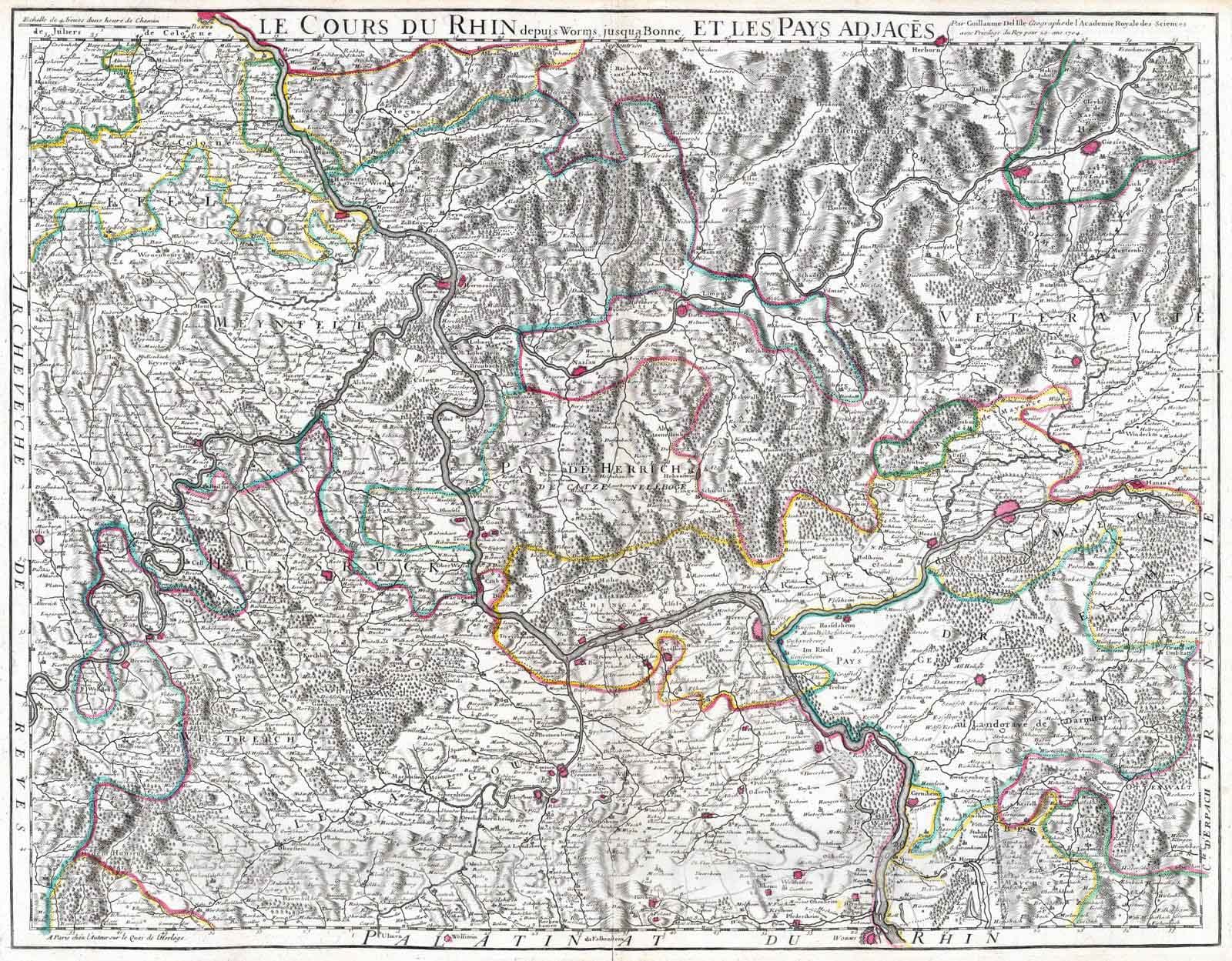 Historic Map : Germany, Rhine River Valley 1704 Le Cours du Rhin depuis Worms, jusqu'a Bonne, et le pays adjacens. , Vintage Wall Art