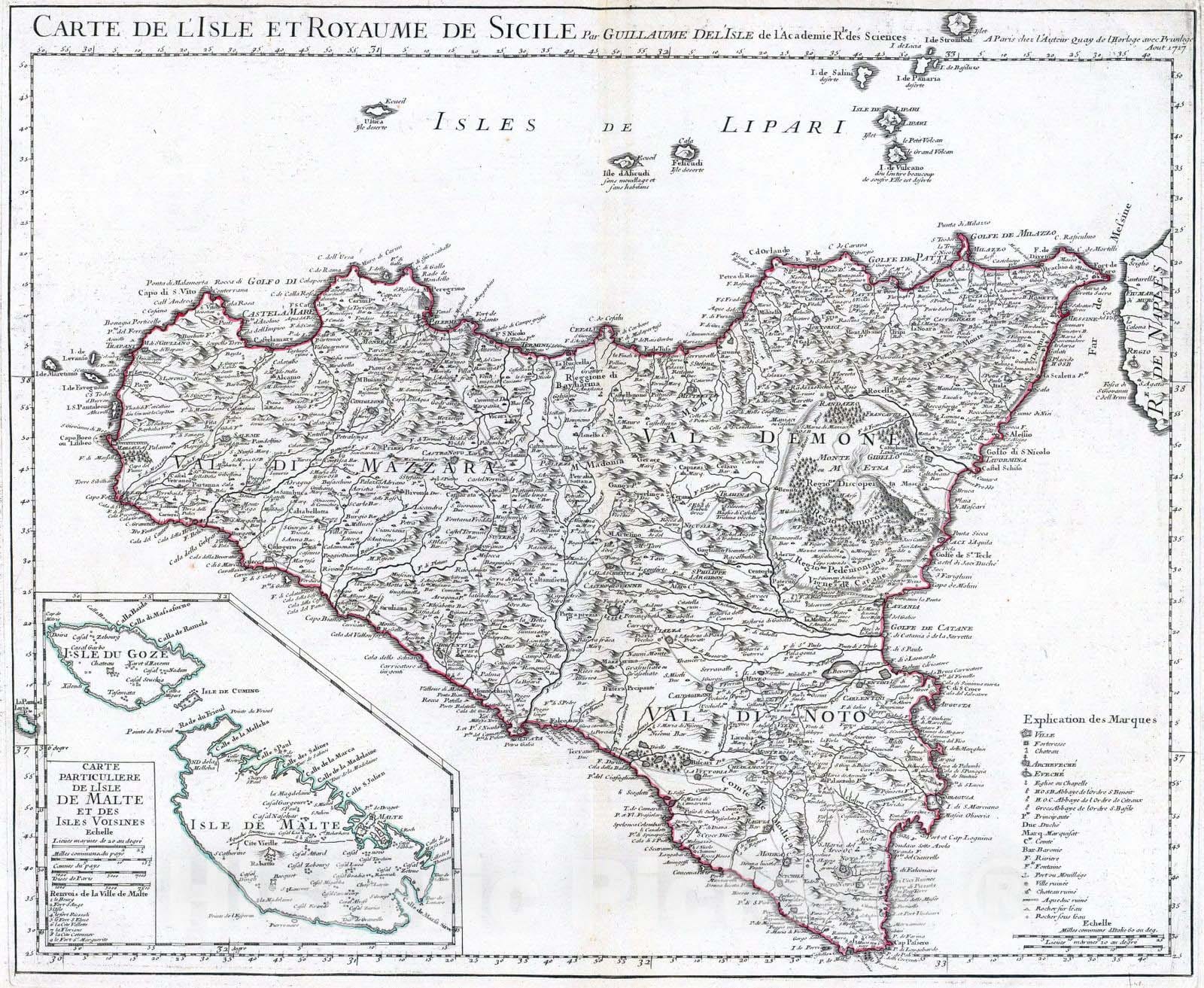 Historic Map : Italy; Malta, 1717 Sicile. , Vintage Wall Art