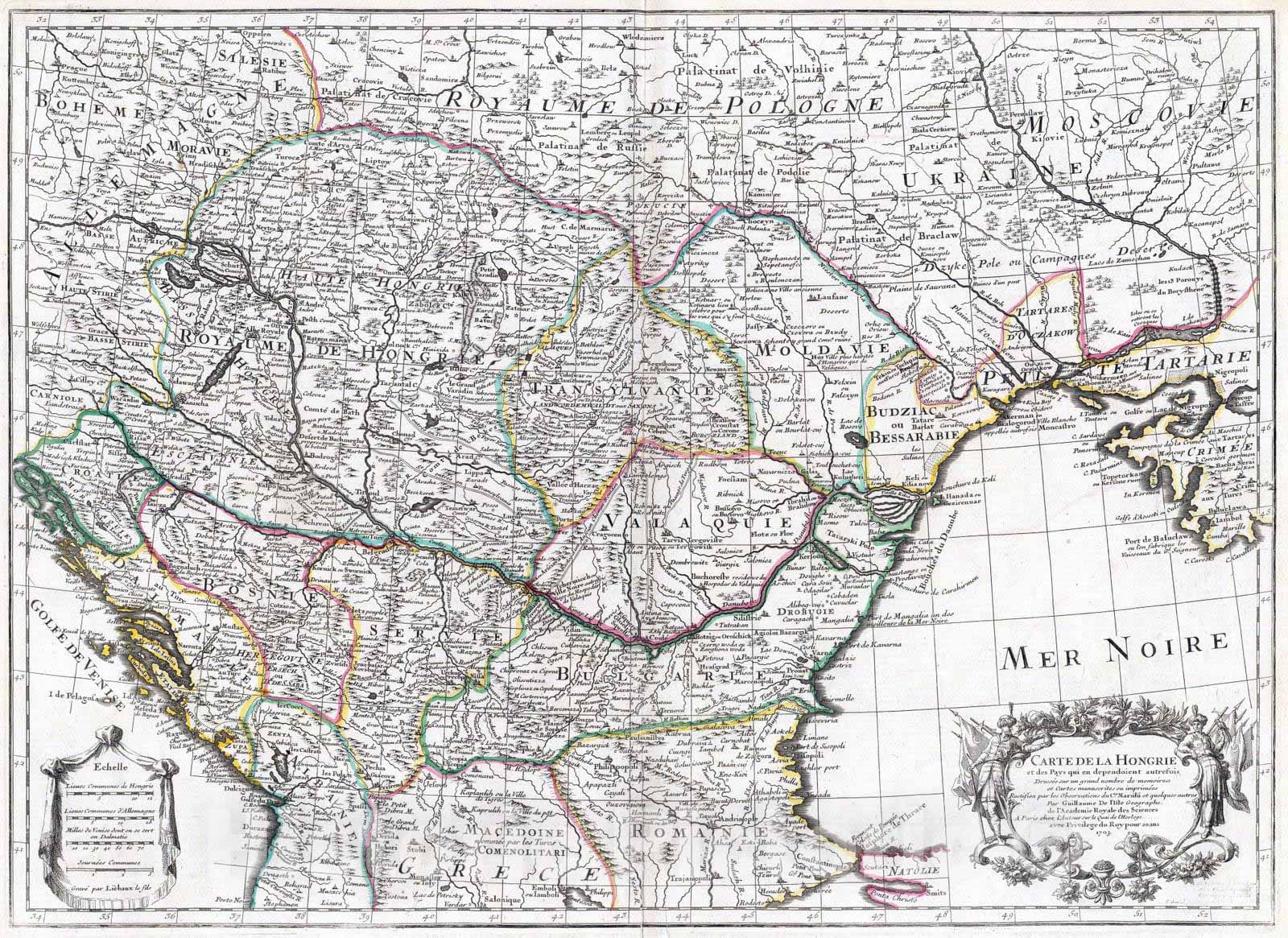 Historic Map : Hungary; Romania, Balkan Peninsula, Europe 1703 Hongrie, pays qui en dependoient autrefois. , Vintage Wall Art