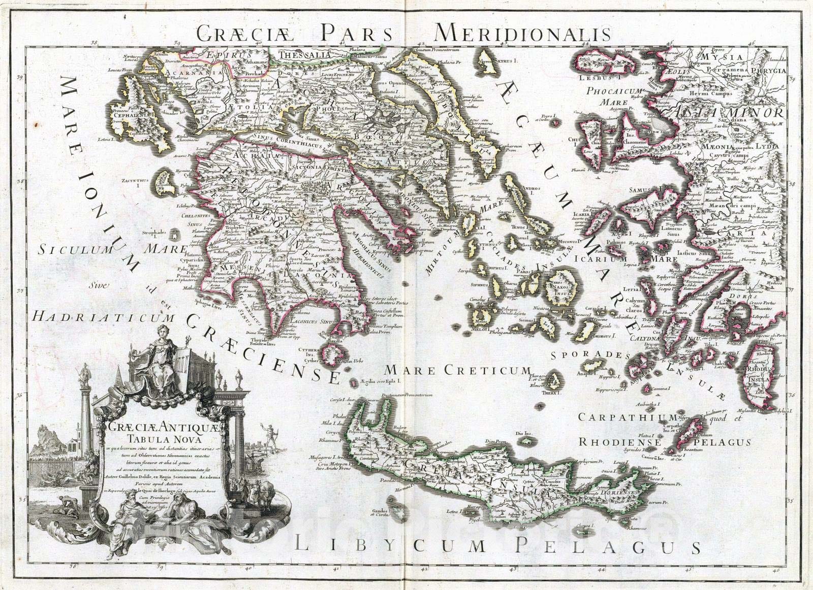 Historic Map : Greece; Turkey, Balkan Peninsula 1707 Graeciae pars Meridionalis. , Vintage Wall Art