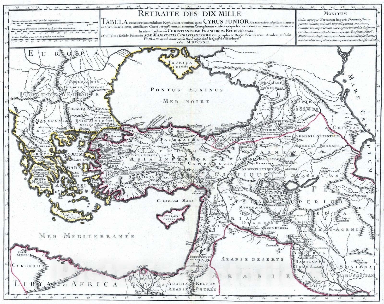 Historic Map : Iran; Turkey, , Eastern Hemisphere 1723 Retraite des Dix Mille Tabula. , Vintage Wall Art