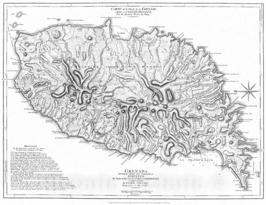 Historic Map : 1775 Carte de l'Isle de la Grenade. Grenada divided into its parishes. - Vintage Wall Art