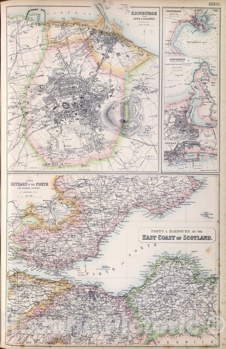 Historic Map : 1872 Ports And Harbours On The East Coast of Scotland. - Vintage Wall Art