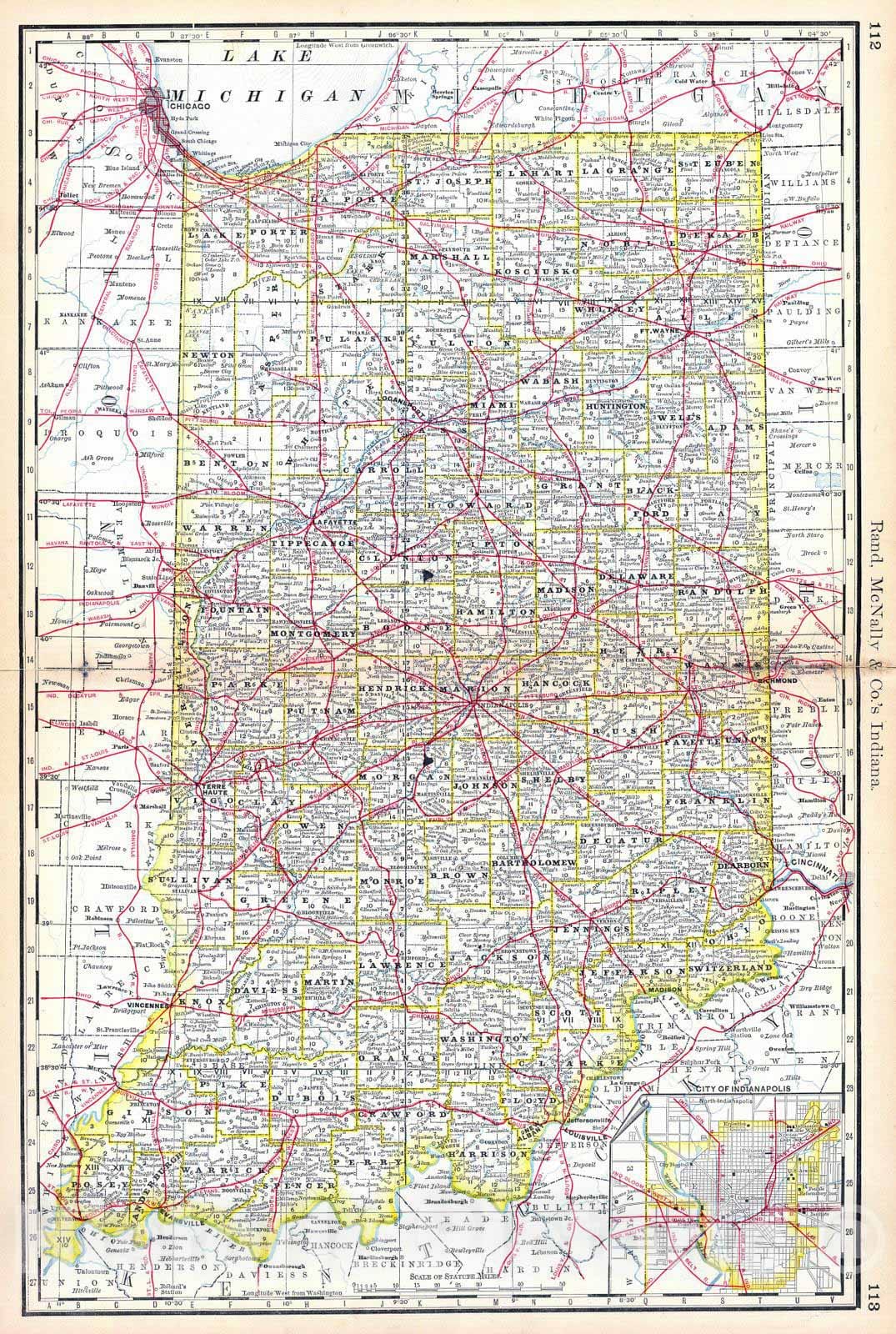 Historic Map : National Atlas - 1879 Indiana. - Vintage Wall Art