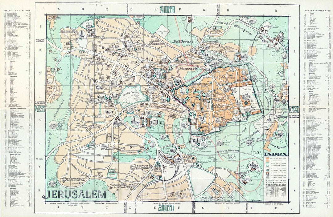 Historic Map : 1942 Jerusalem. F. T. Treitel. Printed and published by: The Commercial Press - Vintage Wall Art