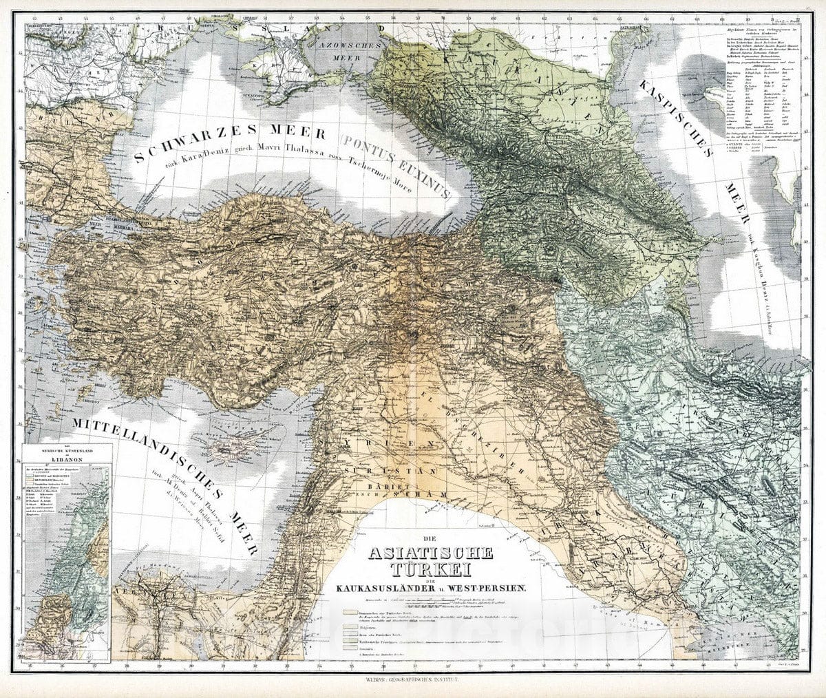 Historic Map : 1886 Turkey in Asia, Syria, Lebanon, Iraq, Iran, Azerbaijan, Armenia, Georgia. - Vintage Wall Art