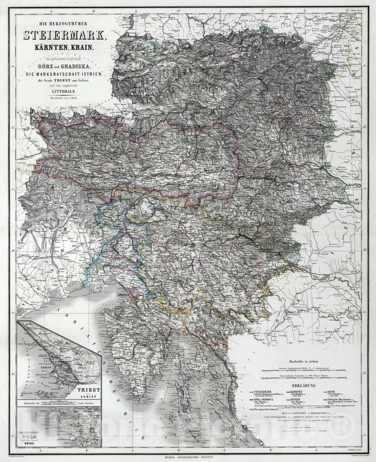 Historic Map : Slovenia, 1875 Duchies Steiermark, Kaerten, Krain, Goerz and Gradiska , Vintage Wall Art