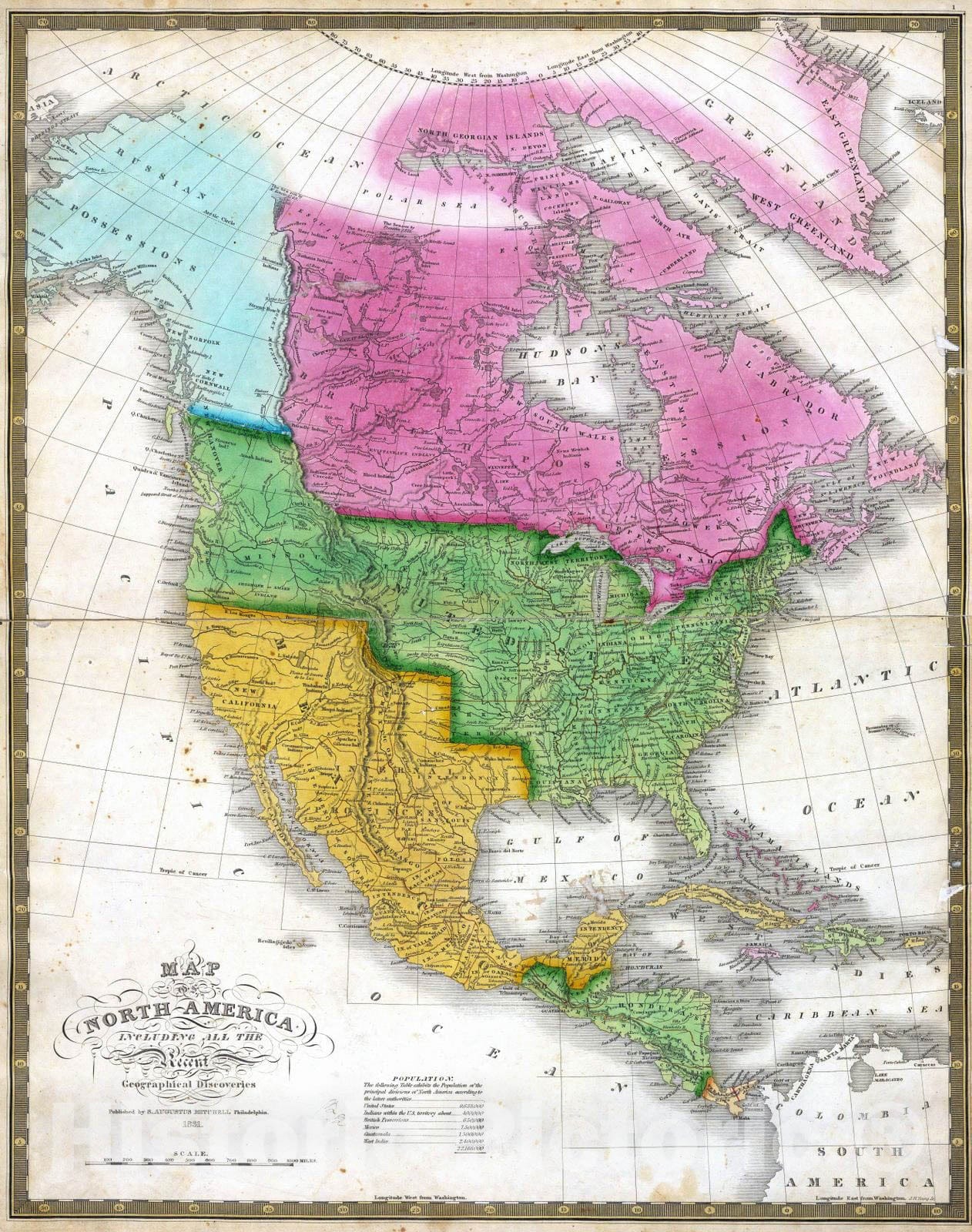 Historic Wall Map : National Atlas - 1831 Map of North America. - Vintage Wall Art