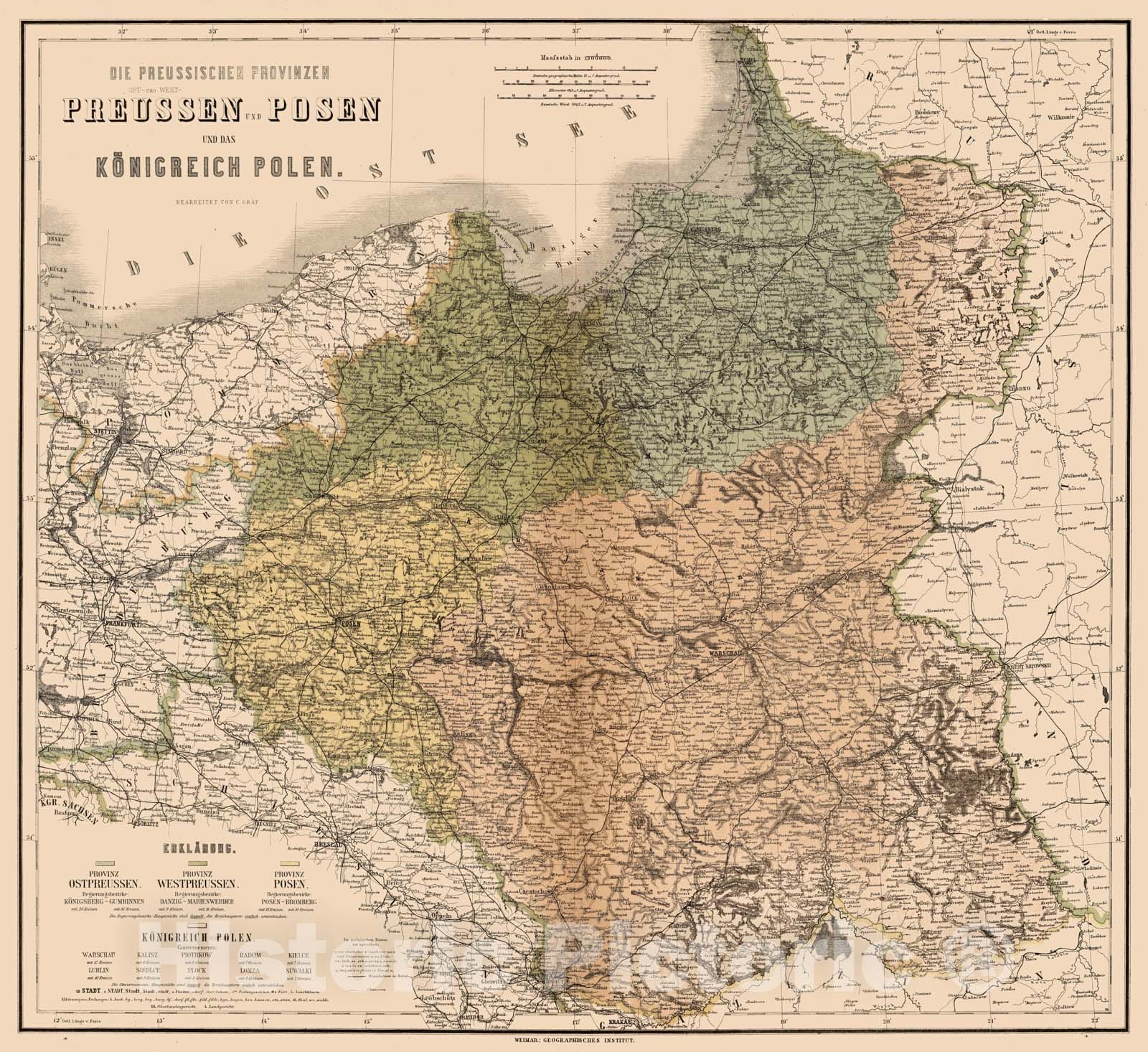 Historic Map : 1886 Prussia and Posen (former provinces), Poland, Belarus, Kaliningrad. - Vintage Wall Art