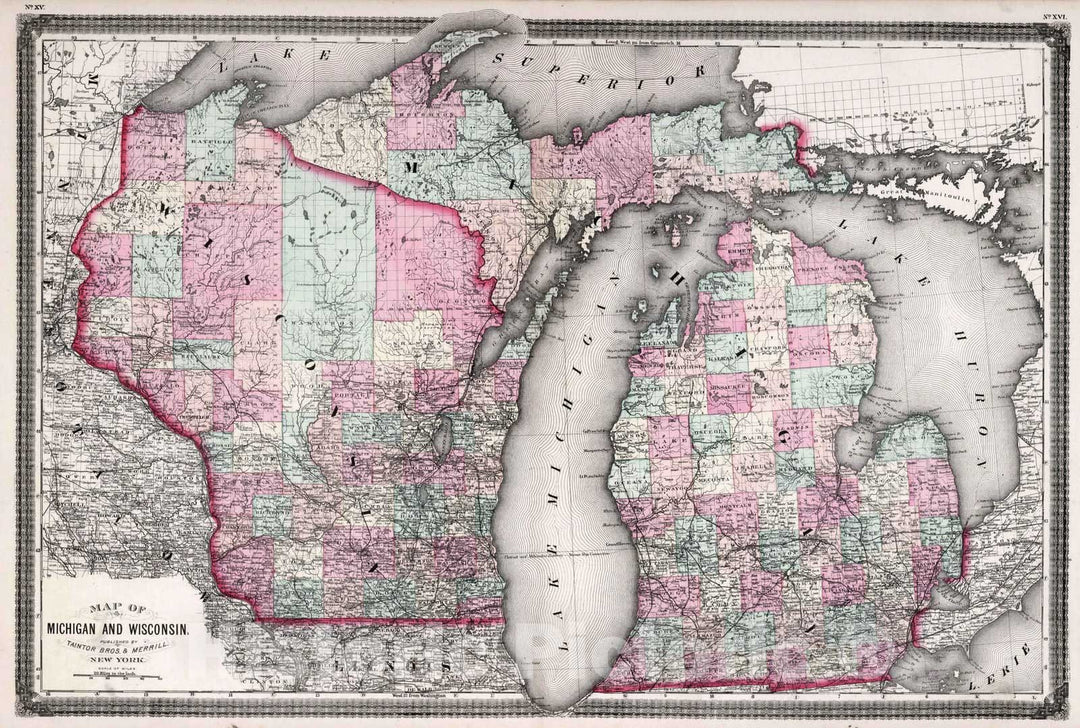 Historic Map : 1874 Michigan and Wisconsin. - Vintage Wall Art