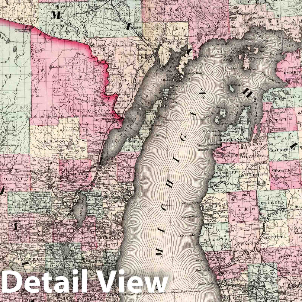 Historic Map : 1874 Michigan and Wisconsin. - Vintage Wall Art