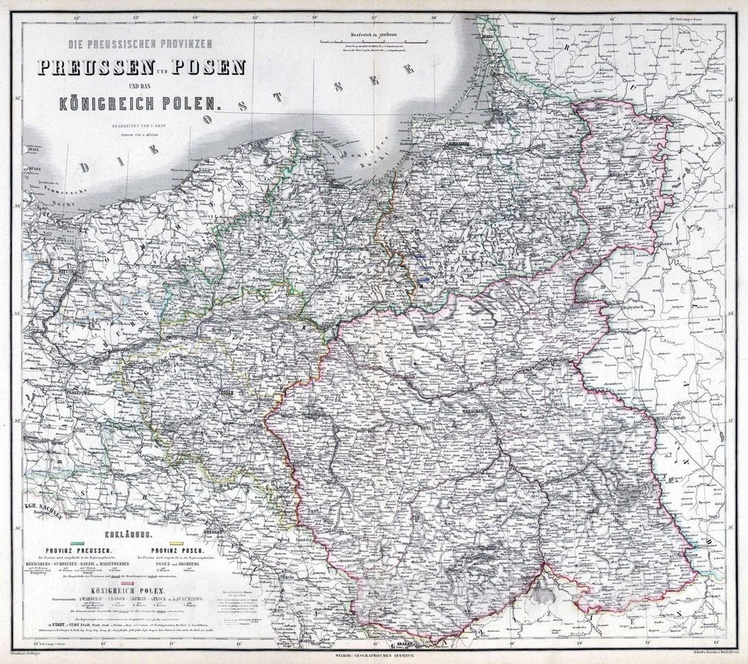 Historic Map : 1879 Prussia and Posen (former provinces), Poland, Belarus, Kaliningrad. - Vintage Wall Art