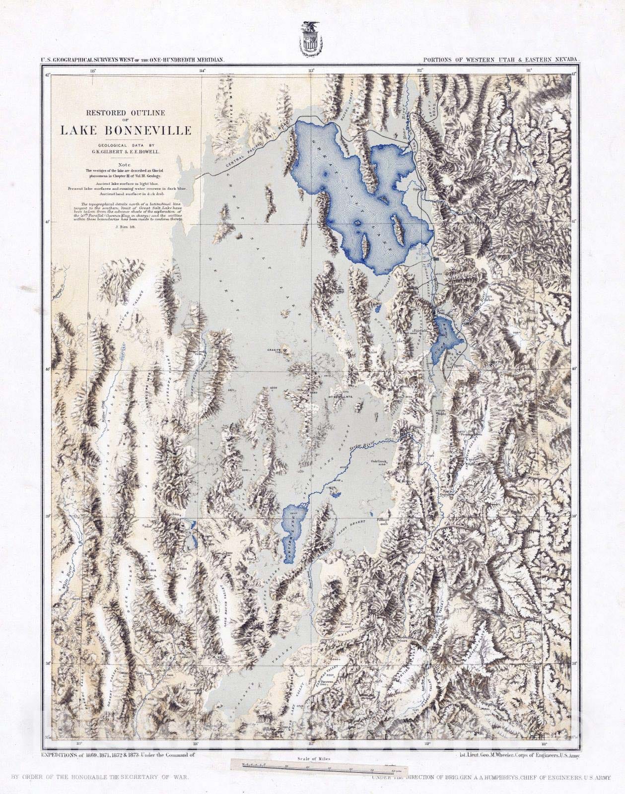 Historic Map : National Atlas - 1876 Restored Outline Of Lake Bonneville, Portions Of Western Utah & Eastern Nevada. - Vintage Wall Art