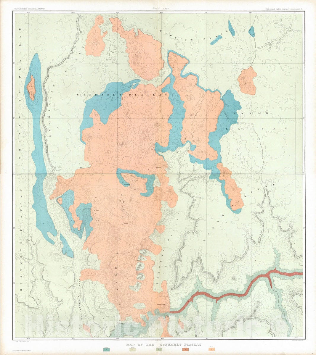 Historic Map : Geologic Atlas - 1882 Composite: Uinkaret Plateau. N. & S. half. - Vintage Wall Art